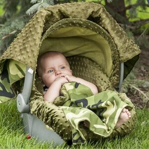 Gently used Camouflage infant carseat canopy.!blanket Military Baby on board
